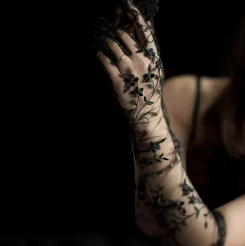 Gothic Black Lace Floral Gloves – Long Sheer Lace Gloves